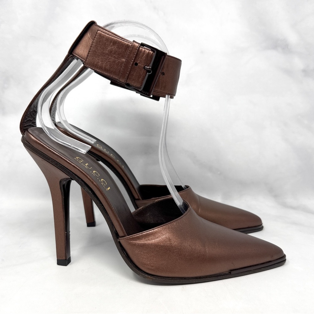 GUCCI Tom Ford Vintage Y2K Leather Ankle Cuff Pointed Toe Pump Heels Bronze 37